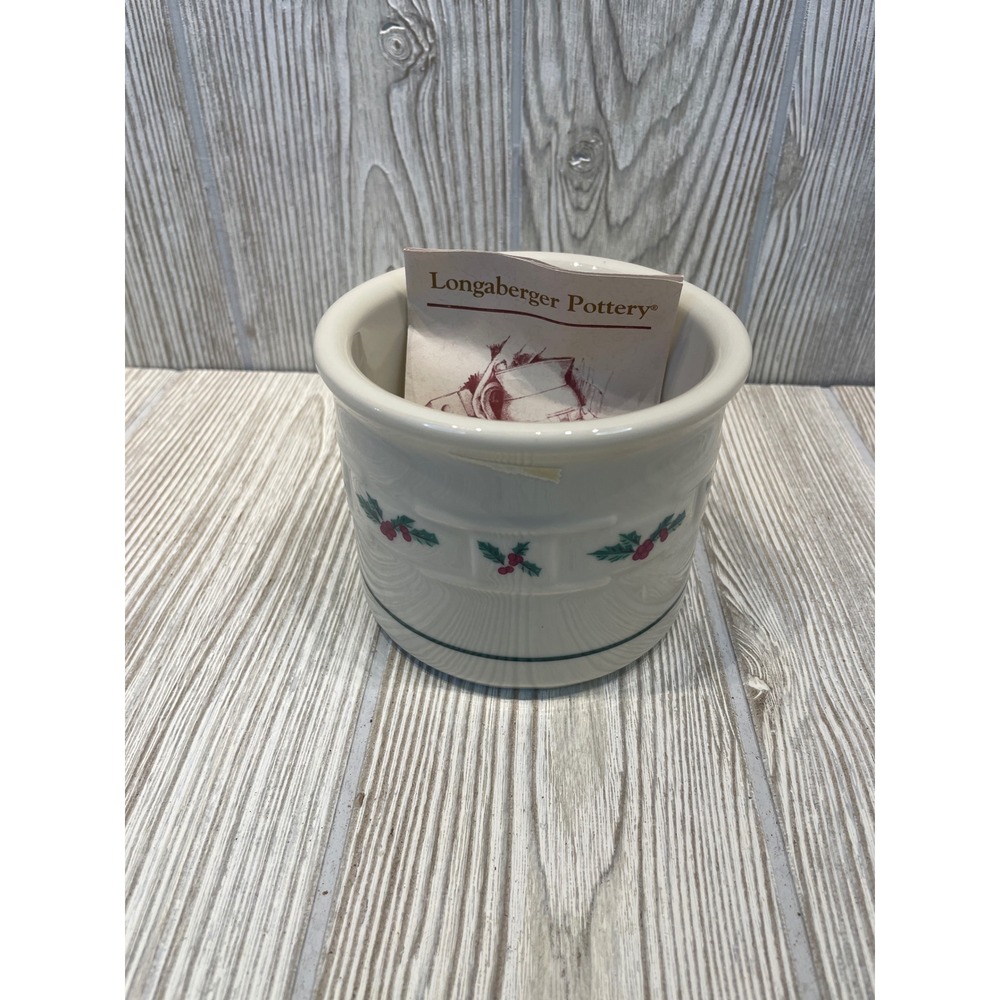 Longaberger Pottery Christmas Holly Berry Crock Ivory Woven Texture Vtg Ceramic